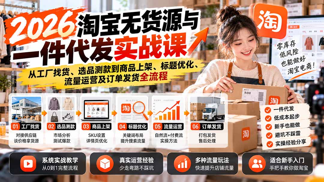 2026淘宝无货源与一件代发实战课：从工厂找货、选品测款到商品上架、标题优化、流量运营及订单发货全流程 - 87副业网
