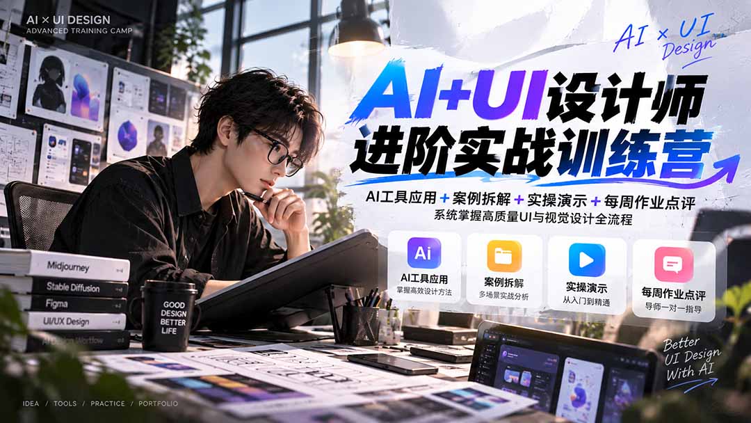 【无水印】AI+UI设计师进阶训练营-第4期：AI工具应用+案例拆解+实操演示+作业点评，掌握高质量UI与视觉设计全流程 - 87副业网