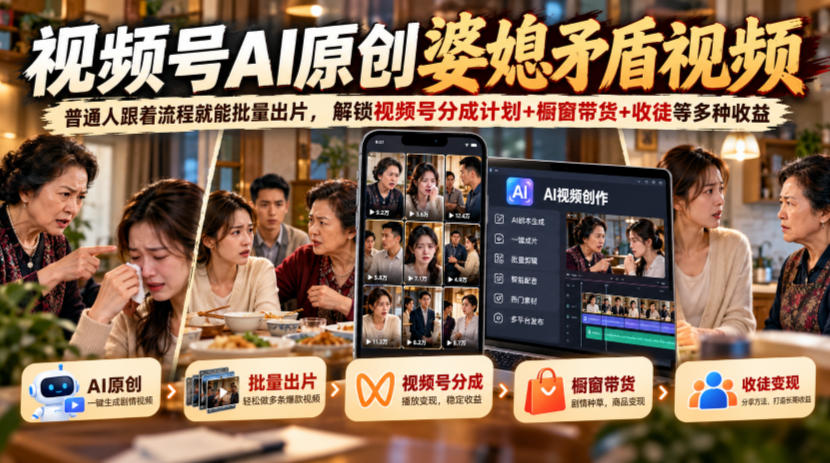 视频号ai原创婆媳矛盾视频，普通人跟着流程就能批量出片，解锁视频号分成计划+橱窗带货+收徒等多种收益 - 87副业网