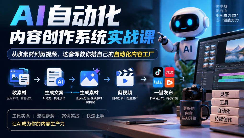 AI自动化内容创作系统实战课，从收素材到剪视频，这套课教你搭自己的自动化内容工厂 - 87副业网
