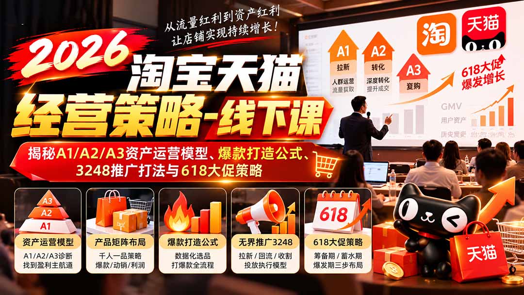 2026淘宝天猫经营策略-线下课：揭秘A1/A2/A3资产运营模型、爆款打造公式、3248推广打法与618大促策略 - 87副业网