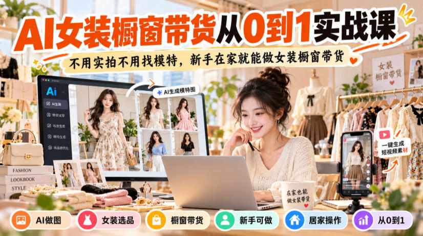 AI女装橱窗带货从0到1实战课，不用实拍不用找模特，新手在家就能做女装橱窗带货 - 87副业网