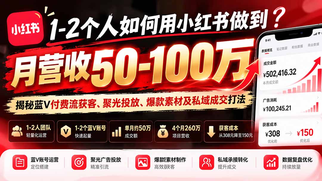 1-2个人如何用小红书做到月营收50-100万？揭秘蓝V付费流获客、聚光投放、爆款素材及私域成交打法-87副业网 - 互联网副业项目资源分享平台