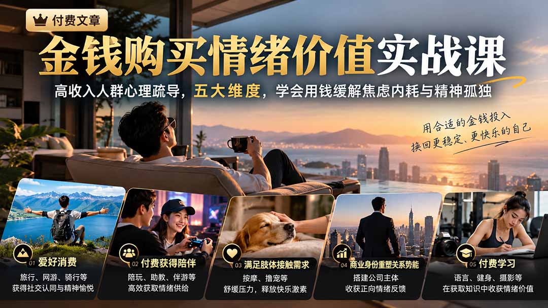 付费文章：金钱购买情绪价值实战课｜高收入人群心理疏导，五大维度，学会用钱缓解焦虑内耗与精神孤独 - 87副业网