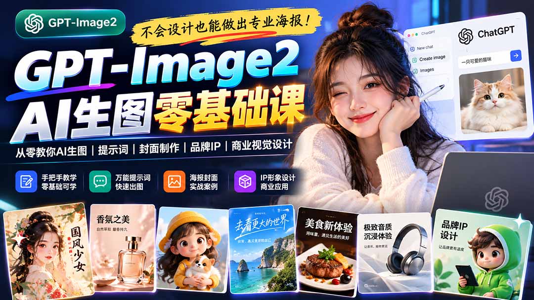 不会设计也能做出专业海报！GPT-Image2从零教你AI生图、提示词、封面制作、品牌IP与商业视觉设计-87副业网 - 互联网副业项目资源分享平台