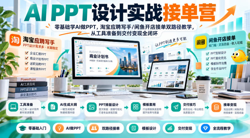 AI PPT设计实战接单营｜零基础学AI做PPT，淘宝应聘写手/闲鱼开店接单双路径教学，从工具准备到交付变现全闭环 - 87副业网
