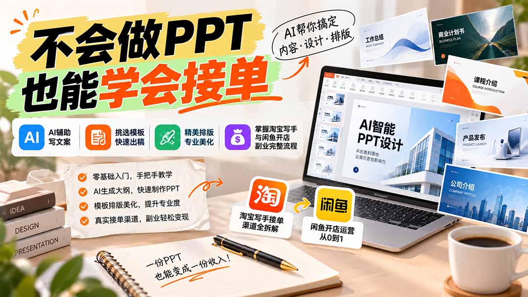 不会做PPT也能学会接单：AI辅助写文案、挑模板、做排版，掌握淘宝写手与闲鱼开店副业完整流程-87副业网 - 互联网副业项目资源分享平台