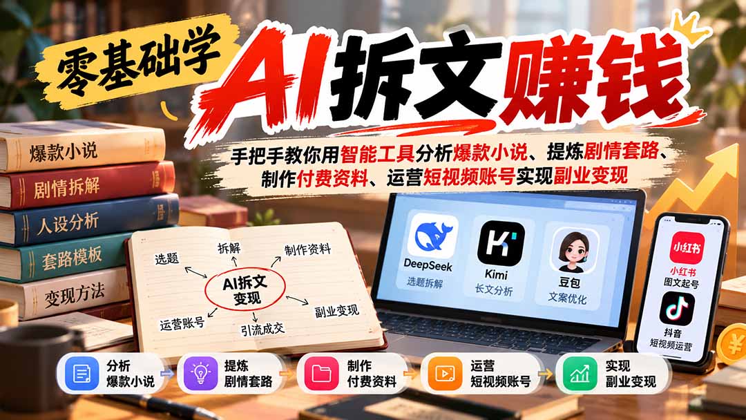 零基础学AI拆文赚钱：手把手教你用智能工具分析爆款小说、提炼剧情套路、制作付费资料、运营短视频账号实现副业变现-87副业网 - 互联网副业项目资源分享平台