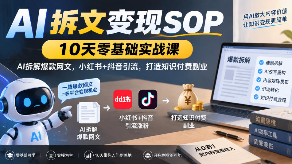 AI拆文变现SOP｜10天零基础实战课，AI拆解爆款网文，小红书+抖音引流，打造知识付费副业-87副业网 - 互联网副业项目资源分享平台