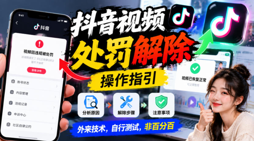 抖音视频处罚解除操作指引，外来技术，自行测试，非百分百-87副业网 - 互联网副业项目资源分享平台