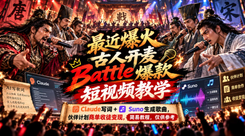最近爆火古人开麦Battle爆款短视频教学，Claude写词+Suno生成歌曲，伙伴计划商单收徒变现，简易教程，仅供参考-87副业网 - 互联网副业项目资源分享平台