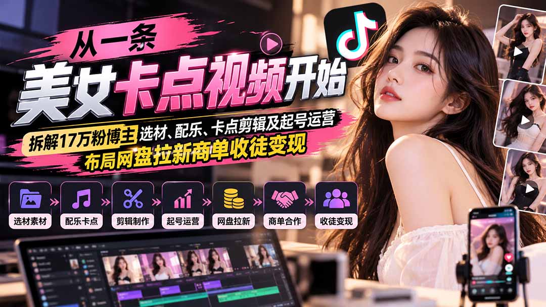 从一条美女卡点视频开始：拆解17万粉博主选材、配乐、卡点剪辑及起号运营，布局网盘拉新商单收徒变现-87副业网 - 互联网副业项目资源分享平台