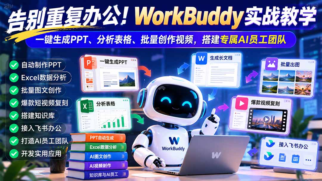 告别重复办公！WorkBuddy实战教学：一键生成PPT、分析表格、批量创作视频，搭建专属AI员工团队-87副业网 - 互联网副业项目资源分享平台