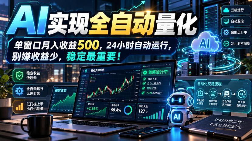AI实现全自动量化，单窗口月入收益500，24小时自动运行，别嫌收益少，稳定最重要！【揭秘】-87副业网 - 互联网副业项目资源分享平台