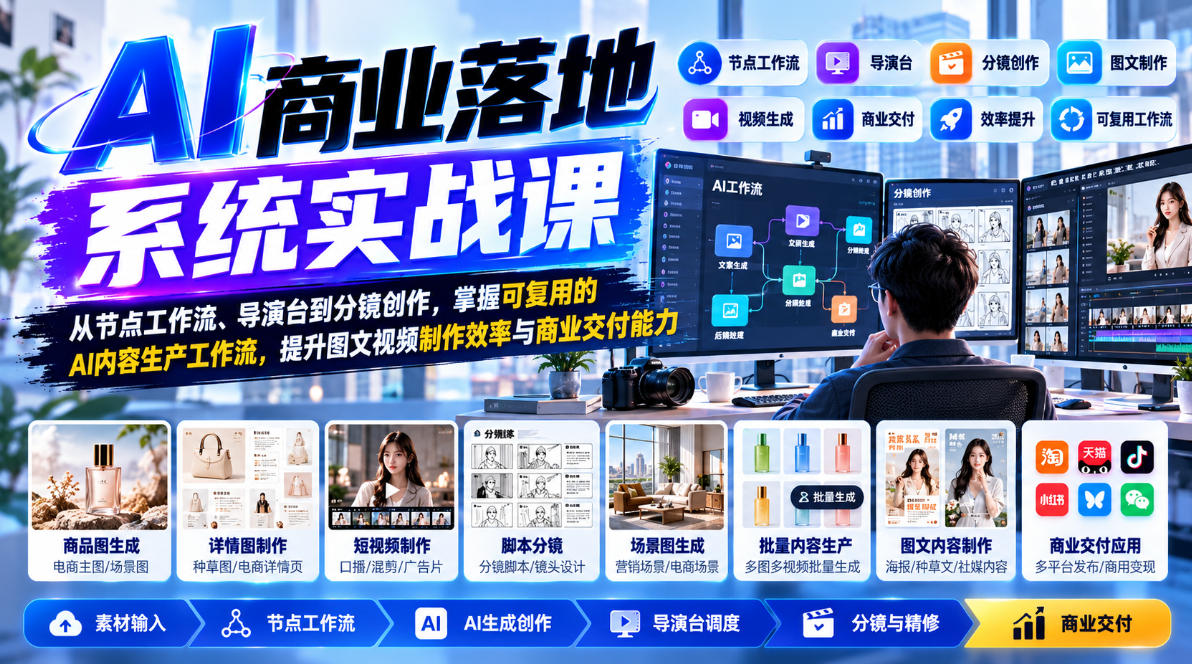 【无水印】AI商业落地系统实战课，从节点工作流、导演台到分镜创作，掌握可复用的AI内容生产工作流，提升图文视频制作效率与商业交付能力-87副业网 - 互联网副业项目资源分享平台