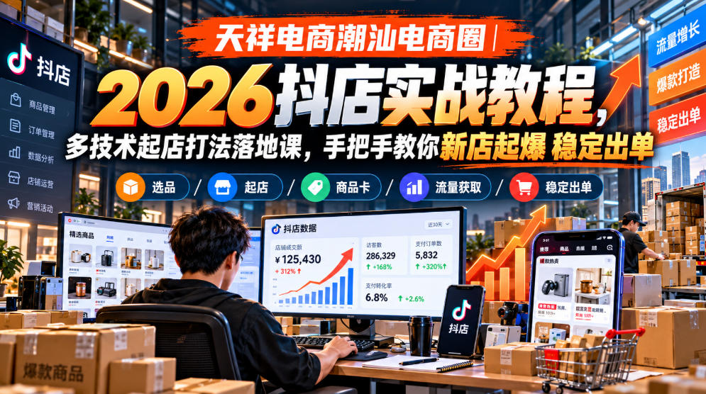天祥电商潮汕电商圈｜2026抖店实战教程，多技术起店打法落地课，手把手教你新店起爆稳定出单-87副业网 - 互联网副业项目资源分享平台
