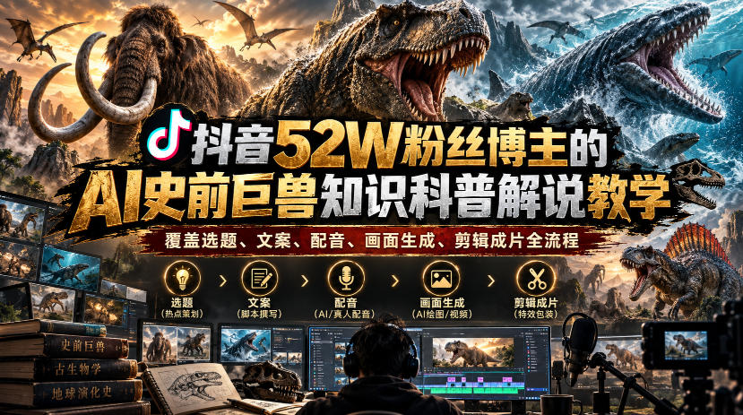 抖音52W粉丝博主的AI史前巨兽知识科普解说教学，覆盖选题、文案、配音、画面生成、剪辑成片全流程-87副业网 - 互联网副业项目资源分享平台