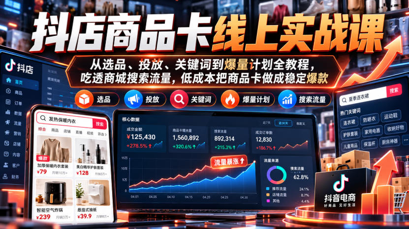 抖店商品卡线上实战课｜从选品、投放、关键词到爆量计划全教程，吃透商城搜索流量，低成本把商品卡做成稳定爆款-87副业网 - 互联网副业项目资源分享平台