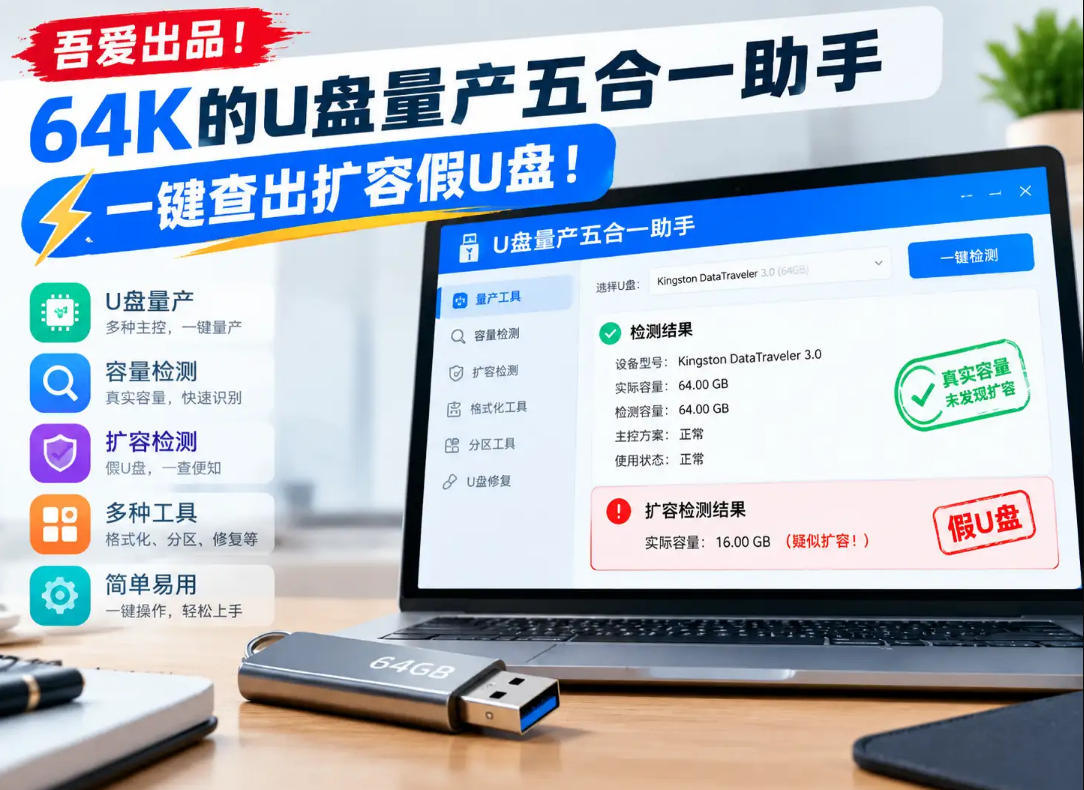 吾爱出品！64K的U盘量产五合一助手，一键查出扩容假U盘！-87副业网 - 互联网副业项目资源分享平台
