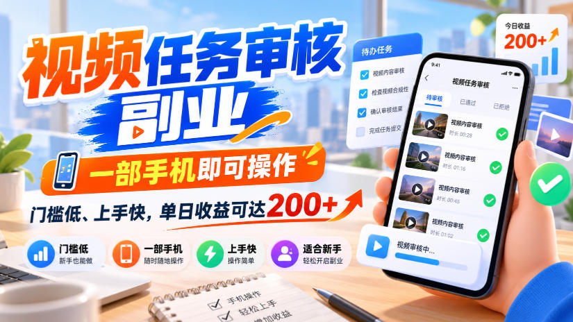 视频任务审核副业,一部手机即可操作,门槛低、上手快,单日收益可达200+【揭秘】-87副业网 - 互联网副业项目资源分享平台