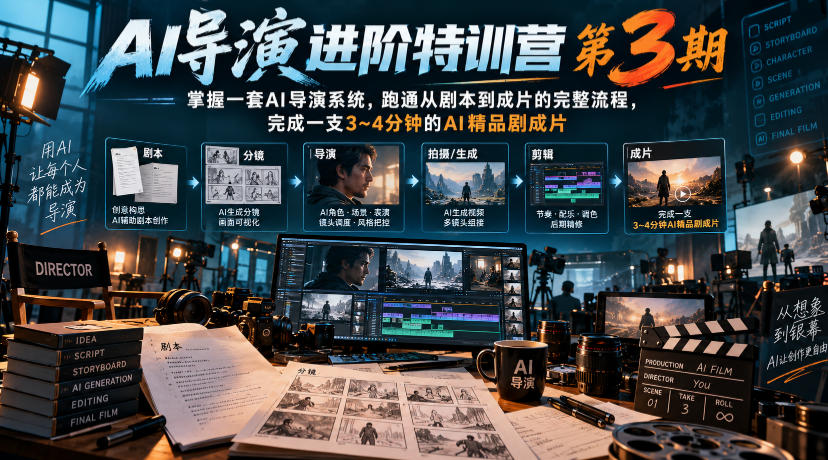 AI导演进阶特训营第3期，掌握一套AI导演系统，跑通从剧本到成片的完整流程，完成一支3~4分钟的AI精品剧成片(附1、2期)-87副业网 - 互联网副业项目资源分享平台