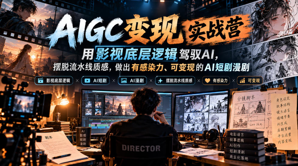 AIGC变现实战营，用影视底层逻辑驾驭AI，摆脱流水线质感，做出有感染力、可变现的AI短剧漫剧-87副业网 - 互联网副业项目资源分享平台