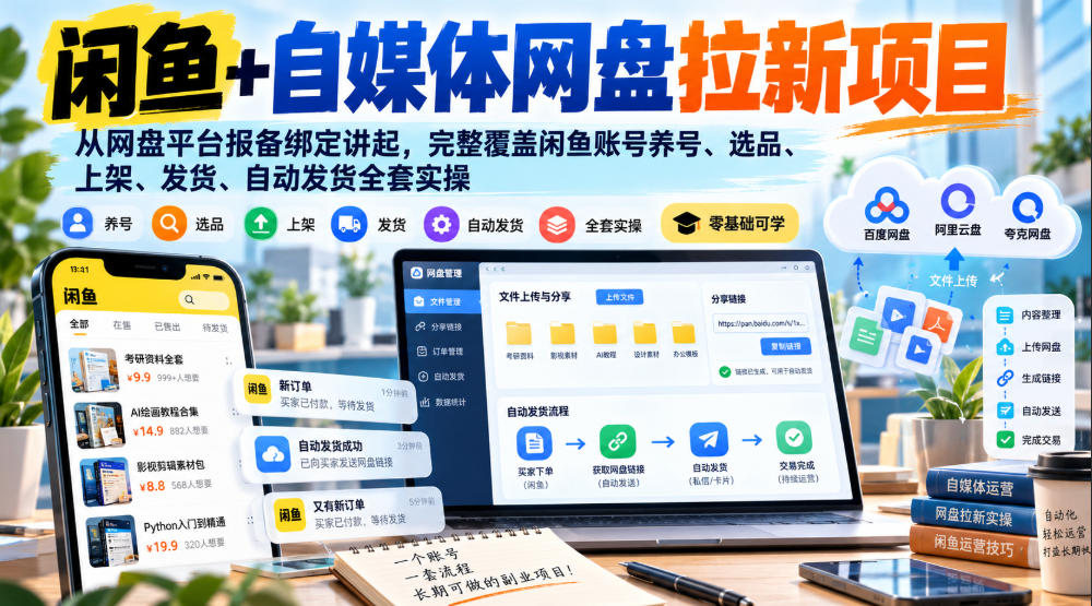 闲鱼+自媒体网盘拉新项目，从网盘平台报备绑定讲起，完整覆盖闲鱼账号养号、选品、上架、发货、自动发货全套实操-87副业网 - 互联网副业项目资源分享平台