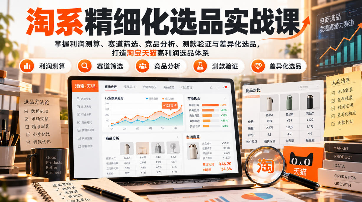 货架电商精细化选品实战课：掌握利润测算、赛道筛选、竞品分析、测款验证与差异化选品，打造淘宝天猫高利润选品体系-87副业网 - 互联网副业项目资源分享平台