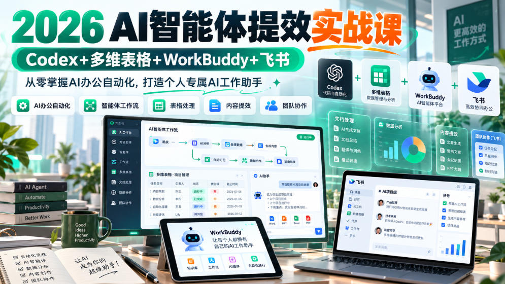 2026 AI智能体提效实战课：Codex+多维表格+WorkBuddy+飞书，从零掌握AI办公自动化，打造个人专属AI工作助手-87副业网 - 互联网副业项目资源分享平台