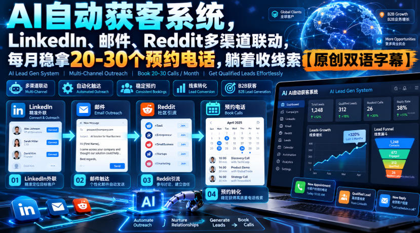 【无水印】AI自动获客系统,LinkedIn、邮件、Reddit多渠道联动,每月稳拿20-30个预约电话,躺着收线索【原创双语字幕】-87副业网 - 互联网副业项目资源分享平台