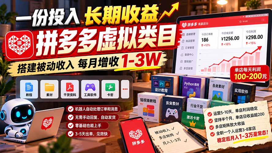 一份投入长期收益，拼多多虚拟类目，搭建被动收入每月增收 1-3W-87副业网 - 互联网副业项目资源分享平台