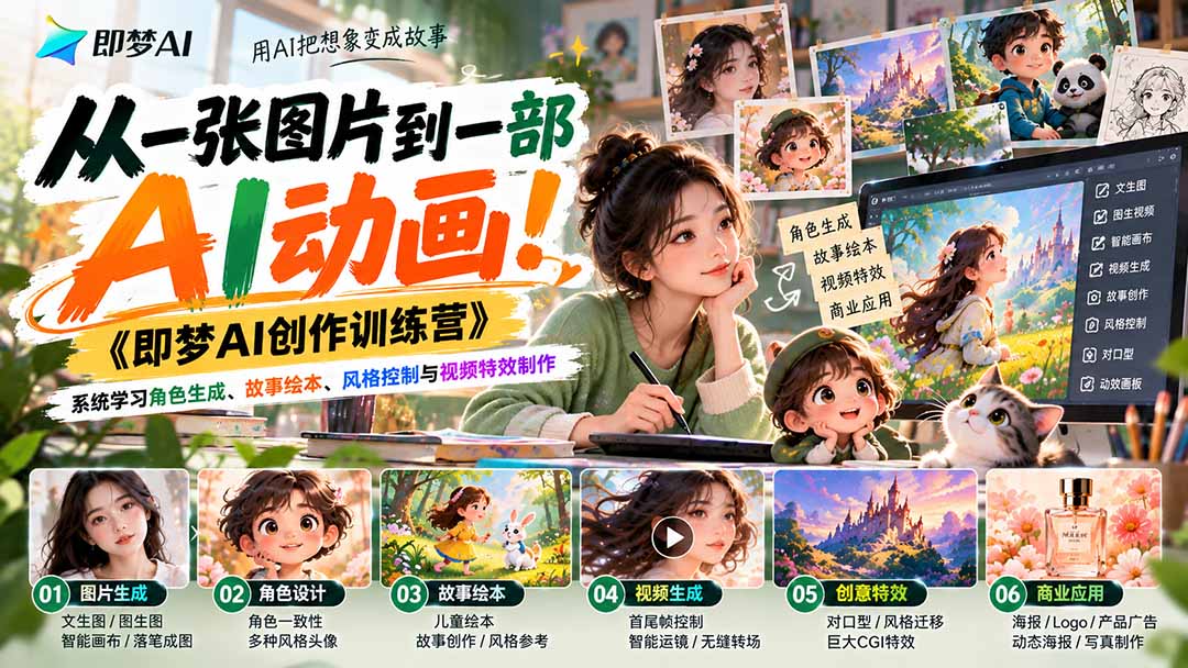 【无水印】从一张图片到一部AI动画！《即梦AI创作训练营》系统学习角色生成、故事绘本、风格控制与视频特效制作-87副业网 - 互联网副业项目资源分享平台
