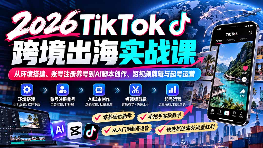 2026TikTok跨境出海实战课：从环境搭建、账号注册养号到AI脚本创作、短视频剪辑与起号运营-87副业网 - 互联网副业项目资源分享平台