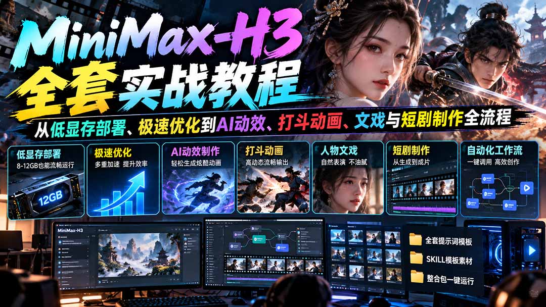 MiniMax-H3全套实战教程:从低显存部署、极速优化到AI动效、打斗动画、文戏与短剧制作全流程-87副业网 - 互联网副业项目资源分享平台