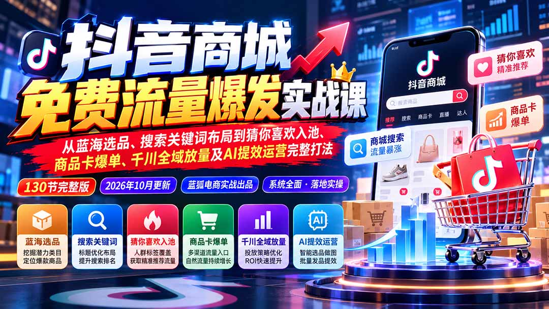 抖店城免费流量爆发实战-更新：蓝海选品、搜索关键词布局到猜你喜欢入池、商品卡爆单、千川全域放量及AI提效完整打法-87副业网 - 互联网副业项目资源分享平台