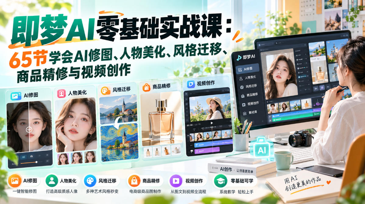 即梦AI零基础实战课：65节学会AI修图、人物美化、风格迁移、商品精修与视频创作-87副业网 - 互联网副业项目资源分享平台