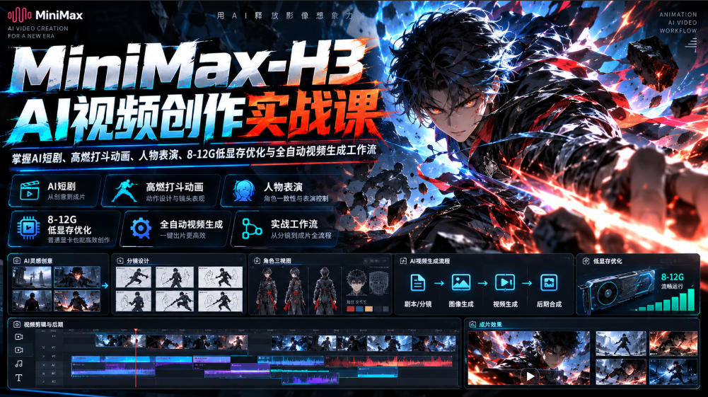 MiniMax-H3 AI视频创作实战课,掌握AI短剧、高燃打斗动画、人物表演、8-12G低显存优化与全自动视频生成工作流-87副业网 - 互联网副业项目资源分享平台