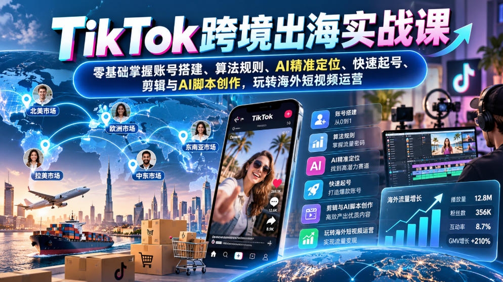TikTok跨境出海实战课：零基础掌握账号搭建、算法规则、AI精准定位、快速起号、剪辑与AI脚本创作，玩转海外短视频运营-87副业网 - 互联网副业项目资源分享平台
