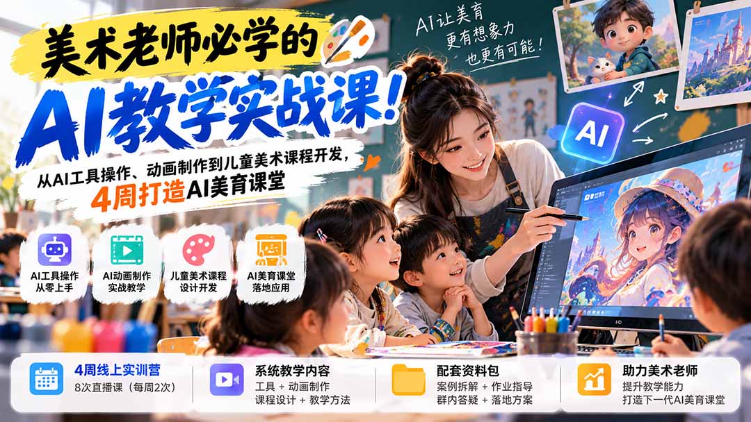 美术老师必学的AI教学实战课!从AI工具操作、动画制作到儿童美术课程开发,4周打造AI美育课堂-87副业网 - 互联网副业项目资源分享平台