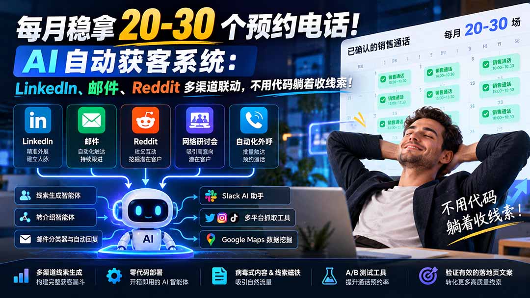 每月稳拿 20-30 个预约电话!AI 自动获客系统:LinkedIn、邮件、Reddit 多渠道联动,不用代码躺着收线索!-87副业网 - 互联网副业项目资源分享平台