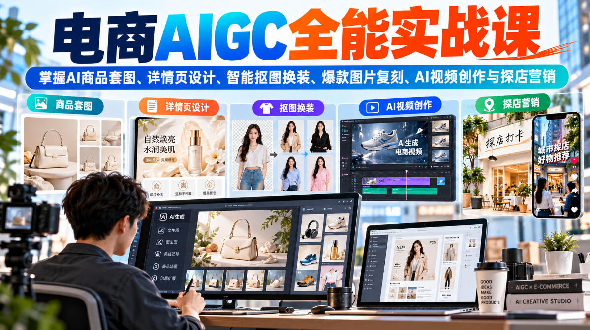 电商AIGC全能实战课：掌握AI商品套图、详情页设计、智能抠图换装、爆款图片复刻、AI视频创作与探店营销-87副业网 - 互联网副业项目资源分享平台