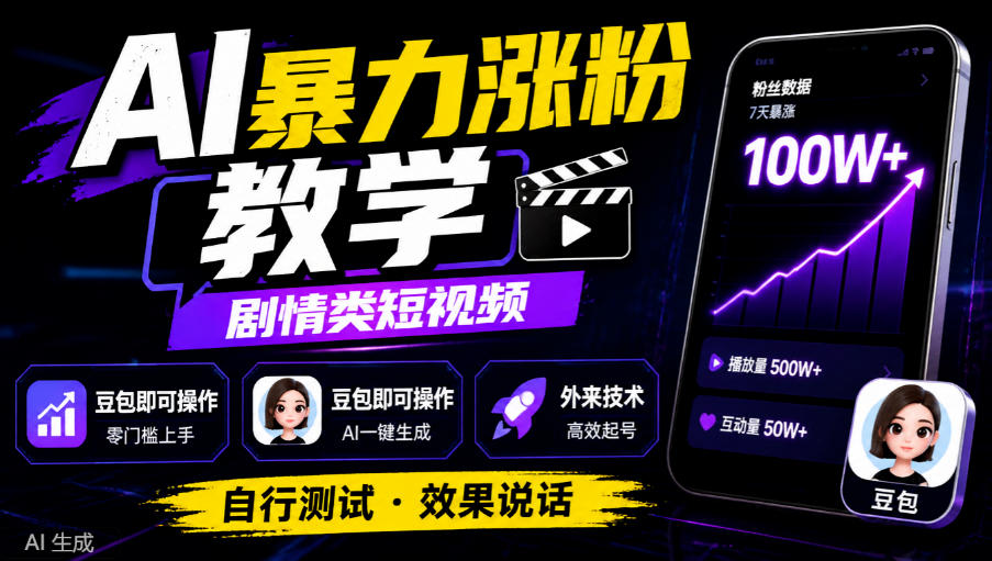 AI暴力涨粉教学，剧情类短视频，豆包即可操作，外来技术，自行测试-87副业网 - 互联网副业项目资源分享平台