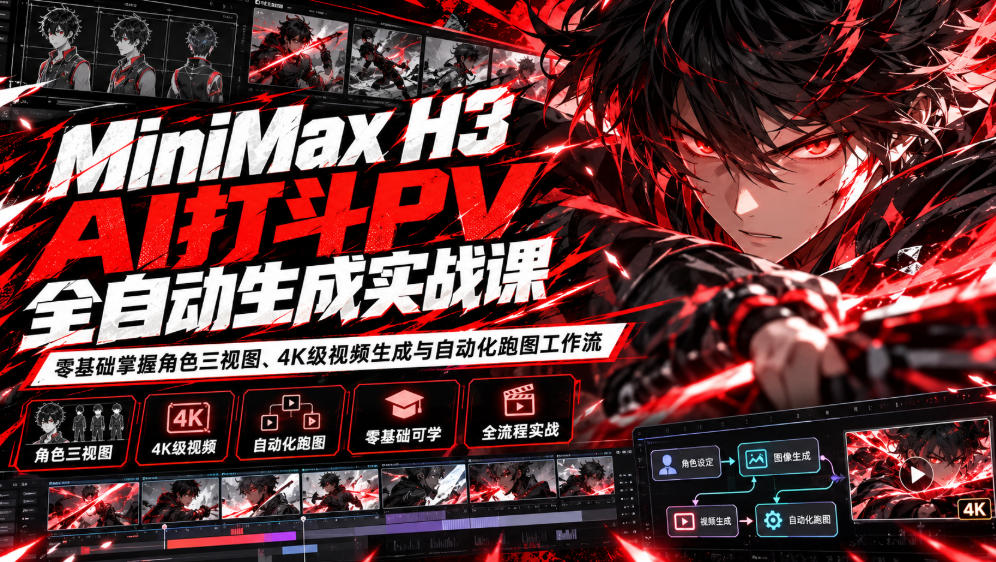 MiniMax H3 AI打斗PV全自动生成实战课：零基础掌握角色三视图、4K级视频生成与自动化跑图工作流-87副业网 - 互联网副业项目资源分享平台