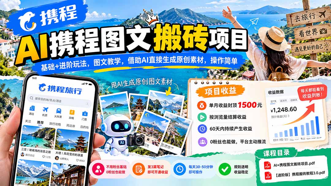 AI携程图文搬砖项目，基础+进阶玩法，图文教学，借助AI直接生成原创素材，操作简单-87副业网 - 互联网副业项目资源分享平台