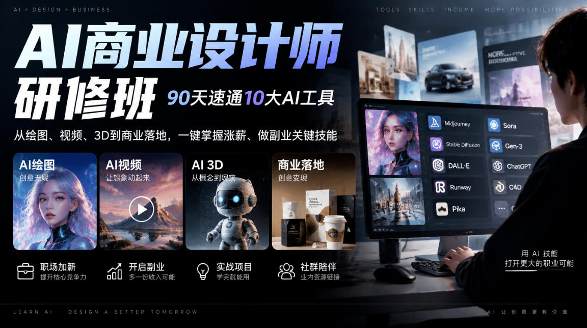 AI商业设计师研修班,90天速通10大AI工具,从绘图、视频、3D到商业落地,一键掌握涨薪、做副业关键技能-87副业网 - 互联网副业项目资源分享平台