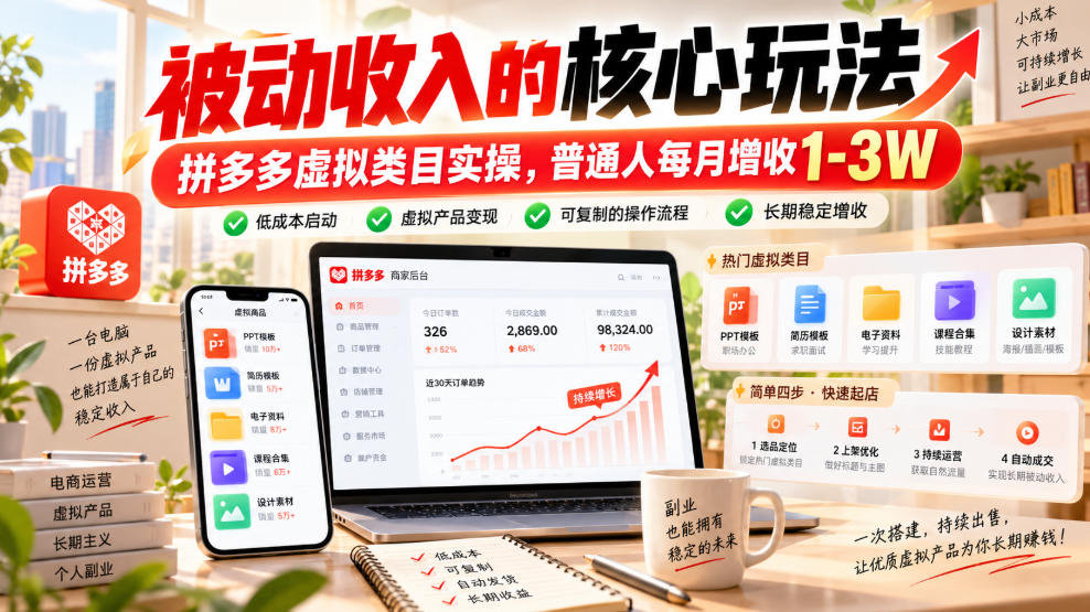 被动收入的核心玩法，拼多多虚拟类目实操，普通人每月增收1-3W【揭秘】-87副业网 - 互联网副业项目资源分享平台