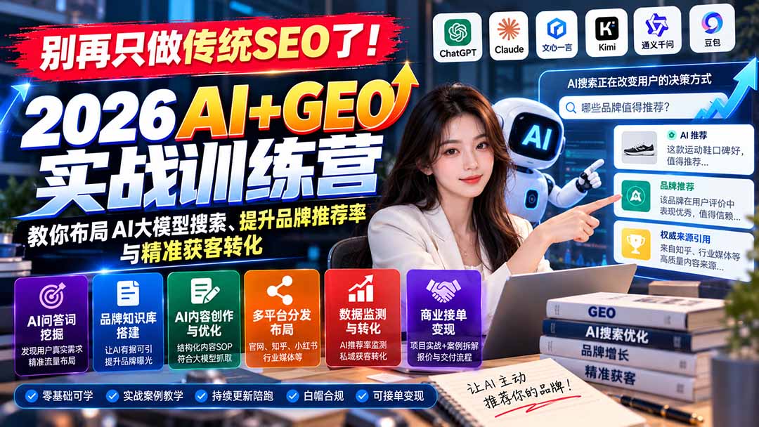 别再只做传统SEO了！《2026AI+GEO实战训练营》教你布局AI大模型搜索、提升品牌推荐率与精准获客转化-87副业网 - 互联网副业项目资源分享平台