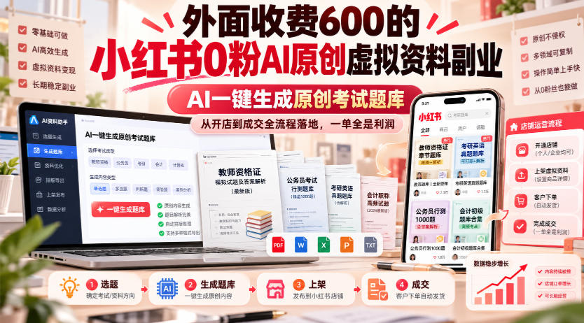 外面收费600的小红书0粉AI原创虚拟资料副业，AI一键生成原创考试题库，从开店到成交全流程落地，一单全是利润-87副业网 - 互联网副业项目资源分享平台