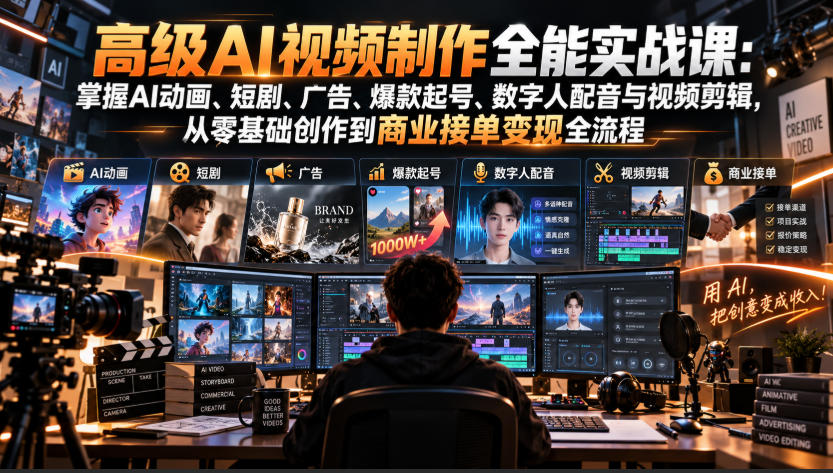 高级AI视频制作全能实战课：掌握AI动画、短剧、广告、爆款起号、数字人配音与视频剪辑，从零基础创作到商业接单变现全流程-87副业网 - 互联网副业项目资源分享平台