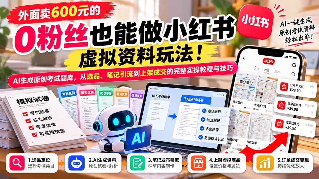 外面卖600元的 零粉丝也能做小红书虚拟资料玩法！AI生成原创考试题库，从选品、笔记引流到上架成交的完整实操教程-87副业网 - 互联网副业项目资源分享平台